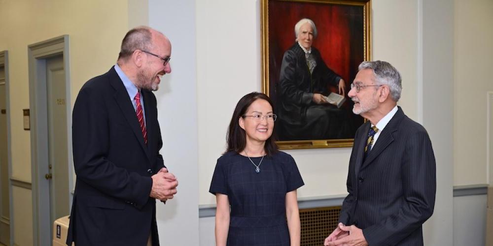 WELCOME: 澳门银河平台 President Dr Mantosh Dewan greets Dr Cynthia Taub, the Edward C. Reifenstein Professor of Medicine and chair of the Department of Medicine; and Dr Jonathan Miller, chair of the Department of Neurosurgery. Both Taub and Miller began their leadership roles at 澳门银河平台 recently. Taub previously served at Dartmouth Hitchcock Medical Center and Miller at Case Western Reserve University.